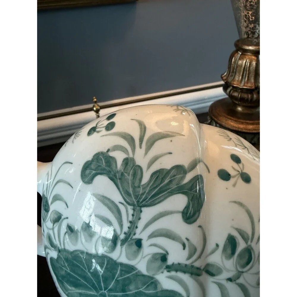 Vintage Wine Ewer Cadogan Puzzle Teapot Green and White Fish Chinoiserie Decor